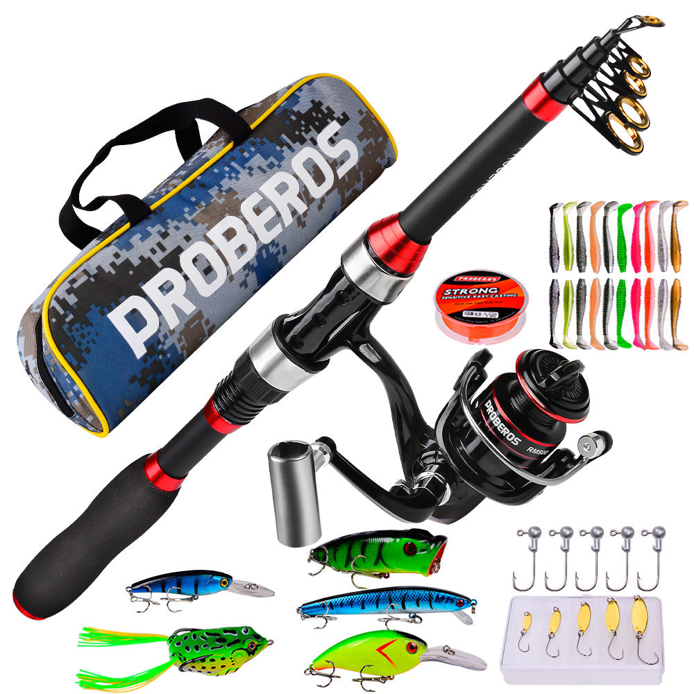 PROBEROS HWCSET101 Telescopic Rod 1.8m Carbon Pole Fishing Reel Lure Line Kit with Carrier Bag PROBEROS HWCSET101 Telescopic Rod 1.8m Carbon Pole Fishing Reel Lure Line Kit with Carrier Bag
